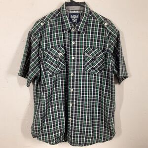 Akademiks Adult Mens Size 2XL Green Blue Plaid Button Up Short Sleeve Shirt